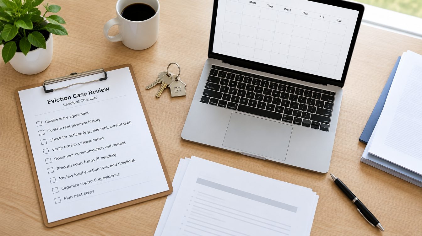 Landlord case-review workspace: lease checklist, keys, and scheduling calendar