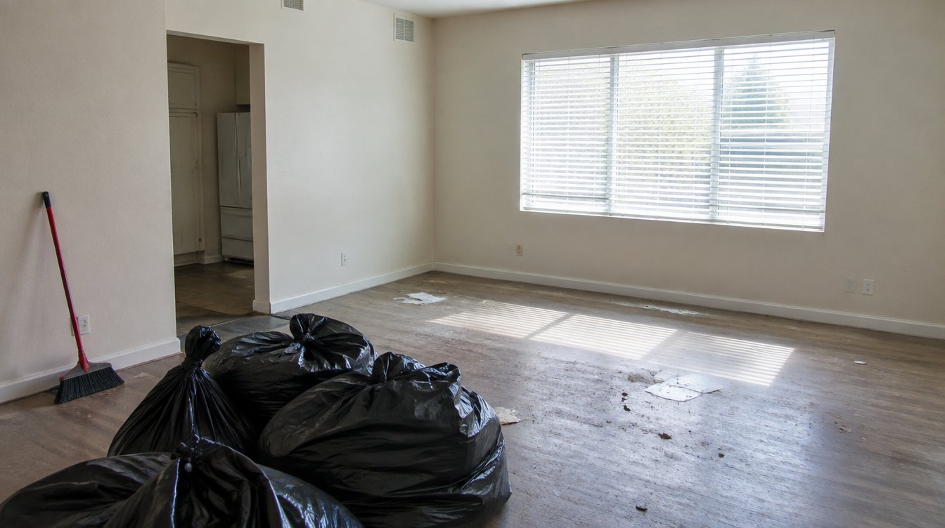 Empty rental living room during a post-eviction cleanout