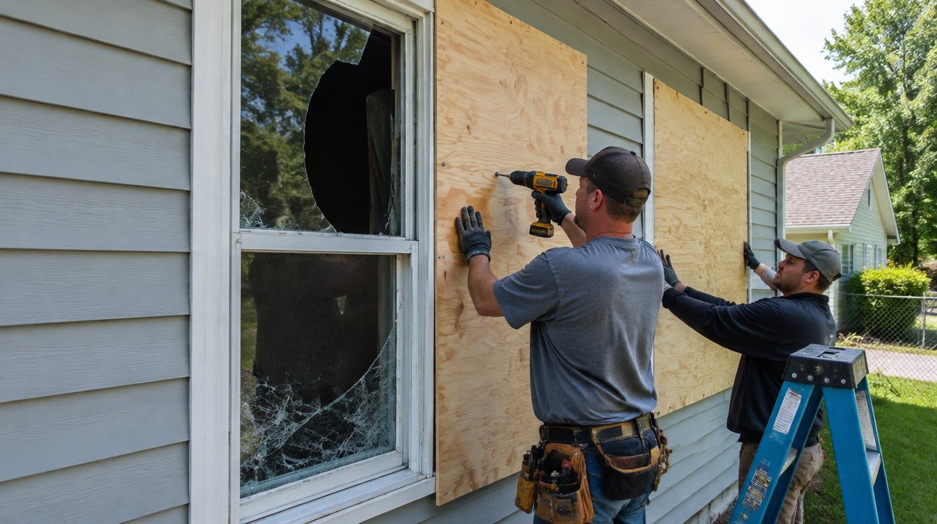 Plywood board-up on a residential window before winterization of a vacant unit