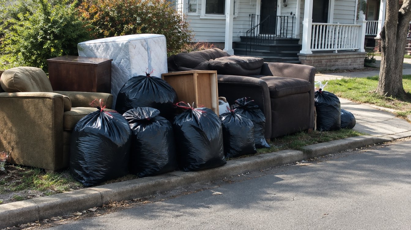 Debris pile after turnover — junk removal follows a lawful setout, not a self-help bag-out