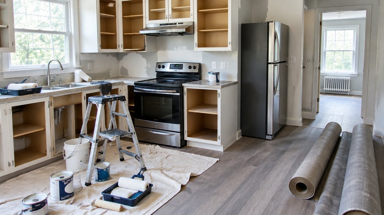 Make-ready renovation supplies in a rental kitchen after cleanout