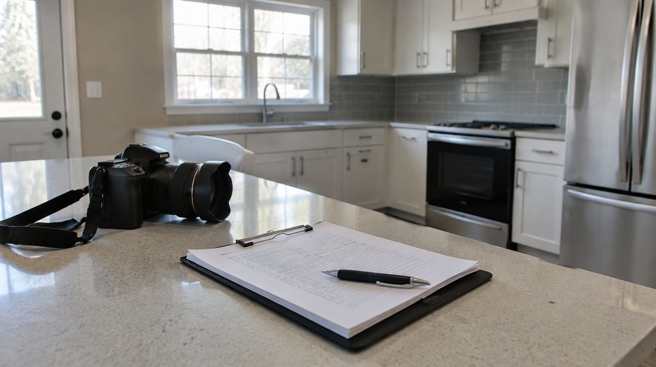 Occupancy verification clipboard in a vacant kitchen before notice or setout