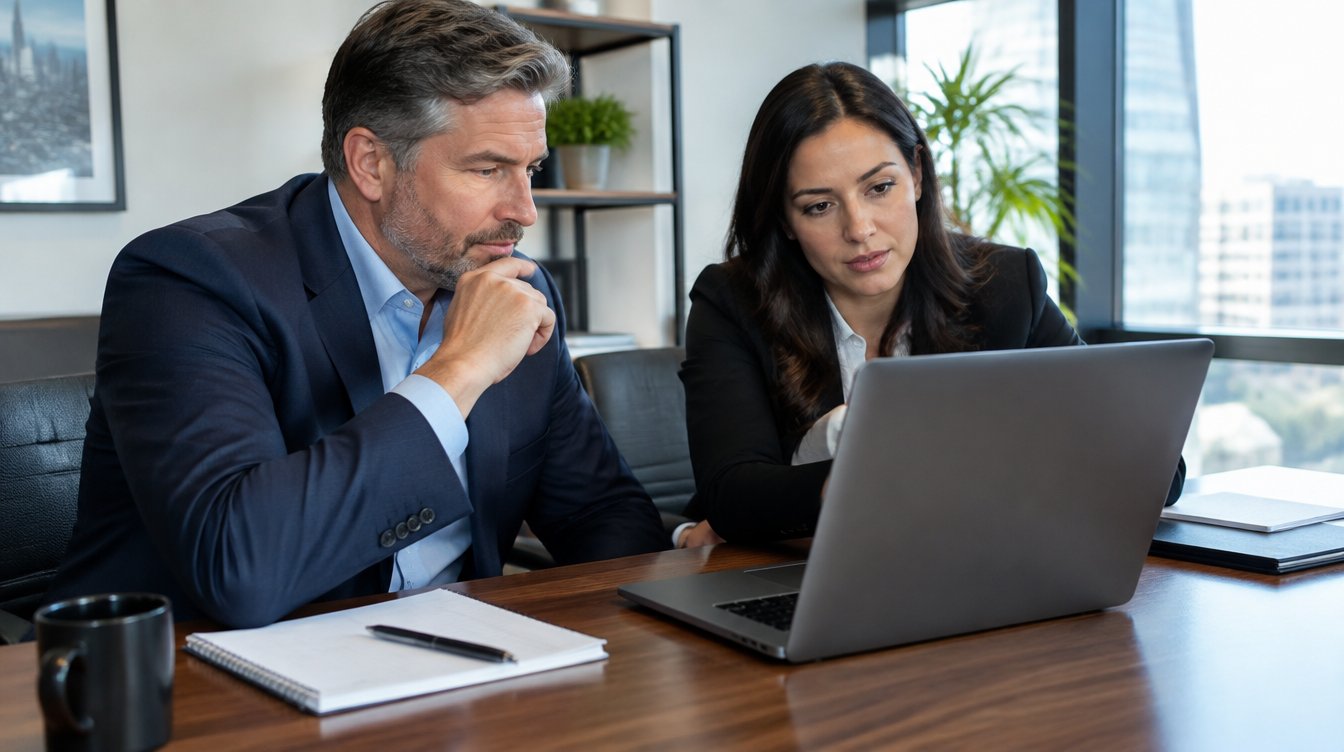 Property manager reviewing past-due rent on a laptop for collections services