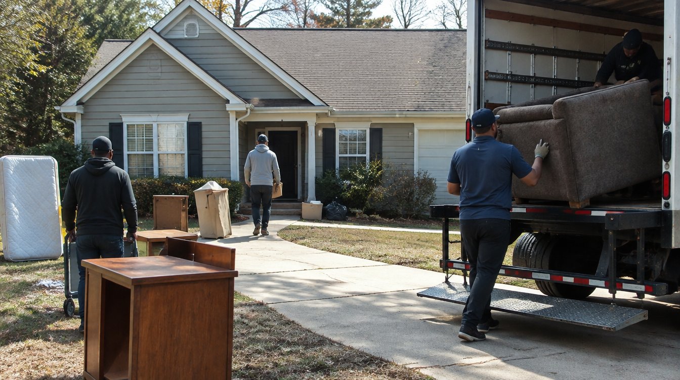 Movers at a rental doorway — setout happens after a writ, with the executing office
